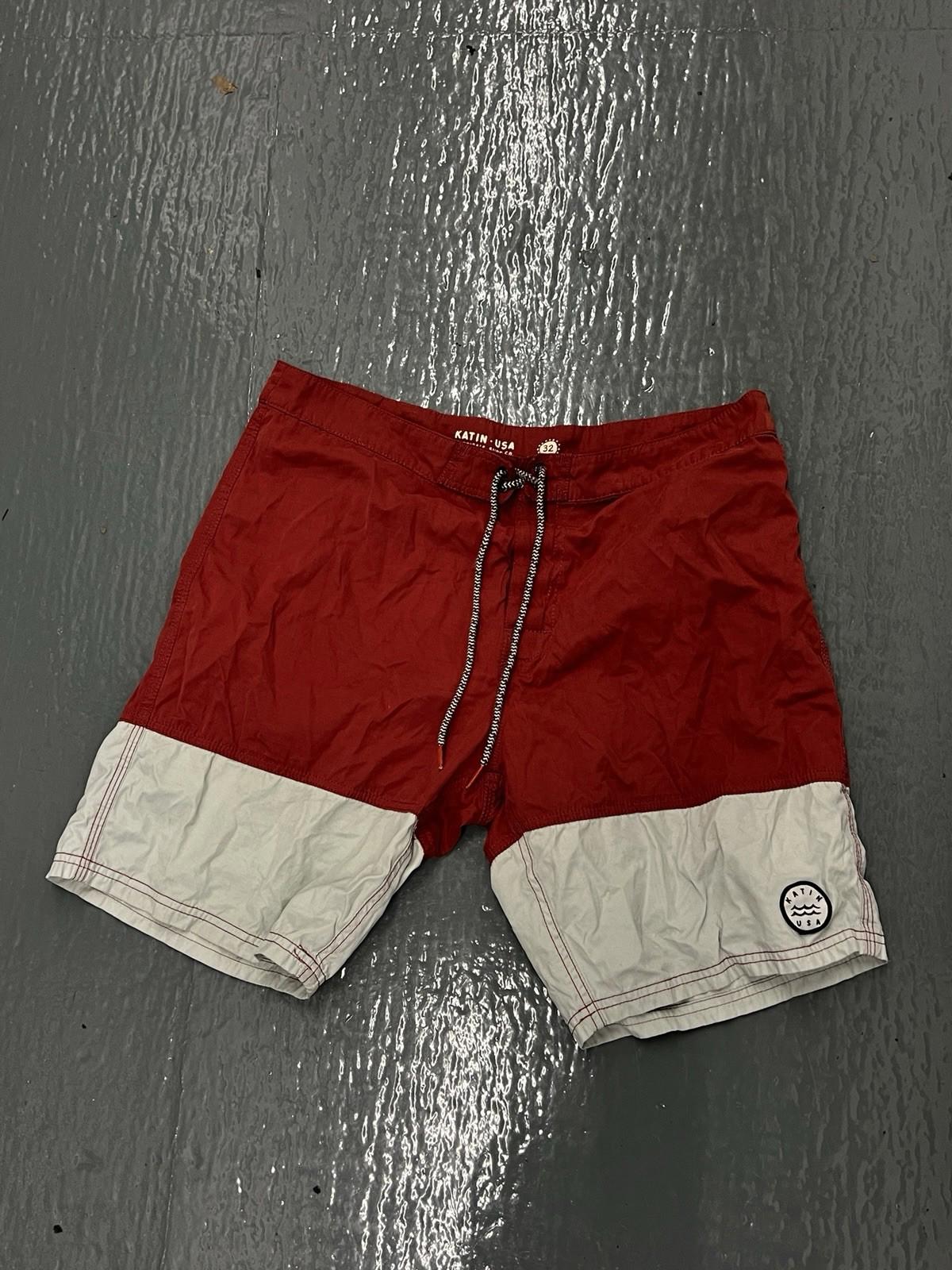 Katin USA Board Shorts Mens s 32 Red White Color Block Drawcord 8" Inseam Preppy