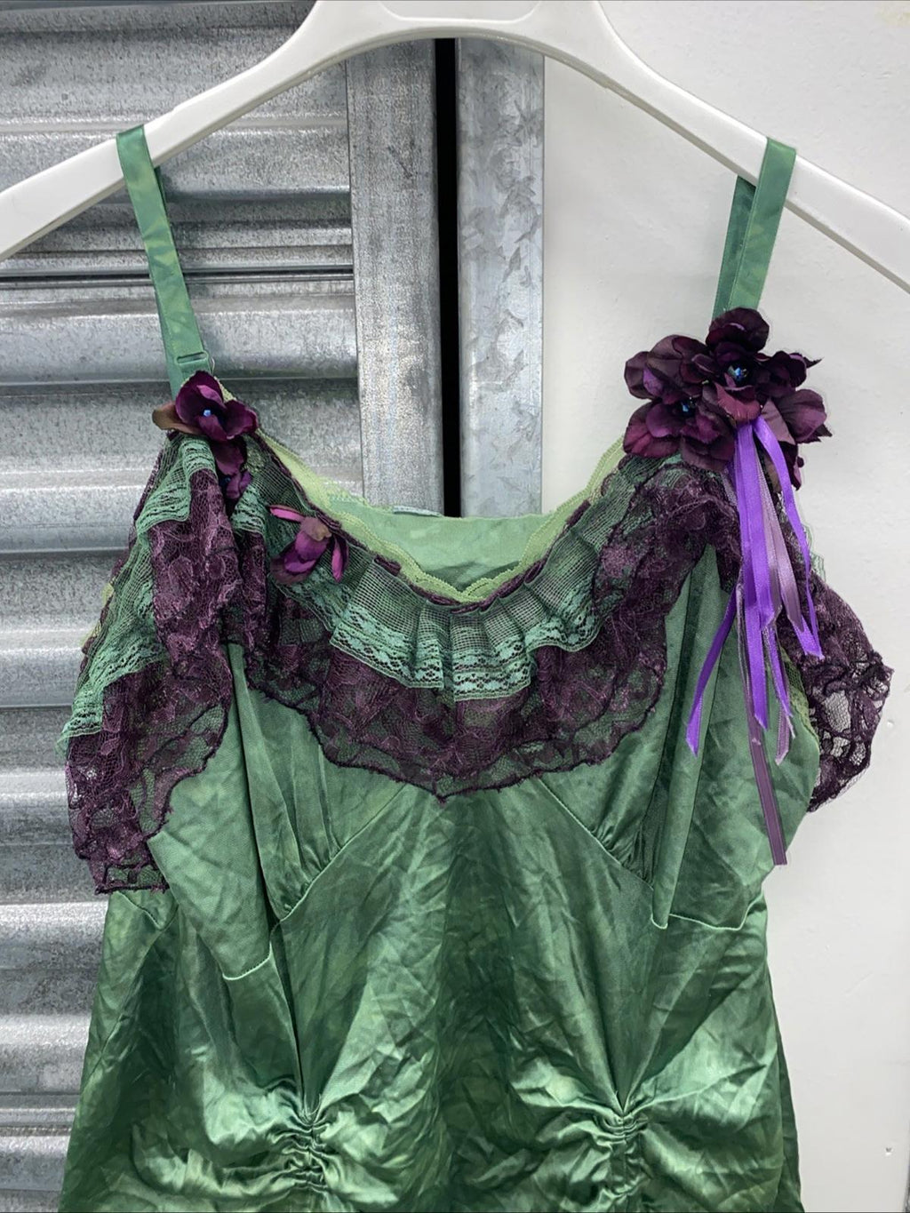 Handmade VTG Tinkerbell Flapper Style Dress W/ Beaded Purple Flower Appliqués XL