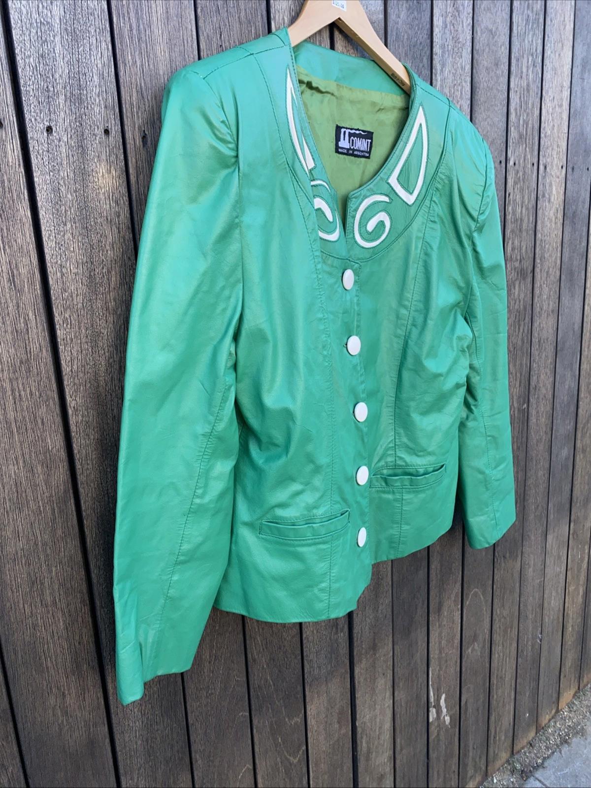 VTG 1980’s COMINT Avante Garde Green & White Appliqué Leather Jacket Womens M