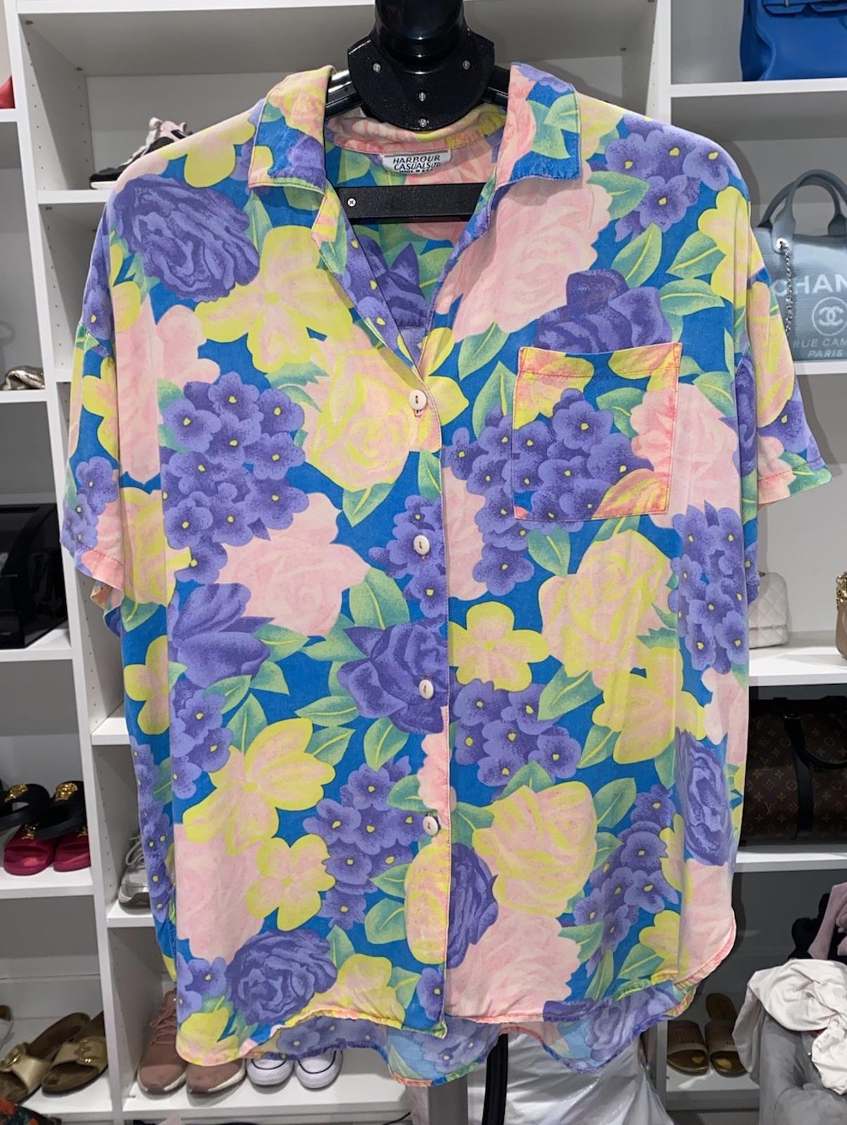 Vintage 1980s Harbour Casuals Floral Bright Pastels Hawaiian Style T shirt L