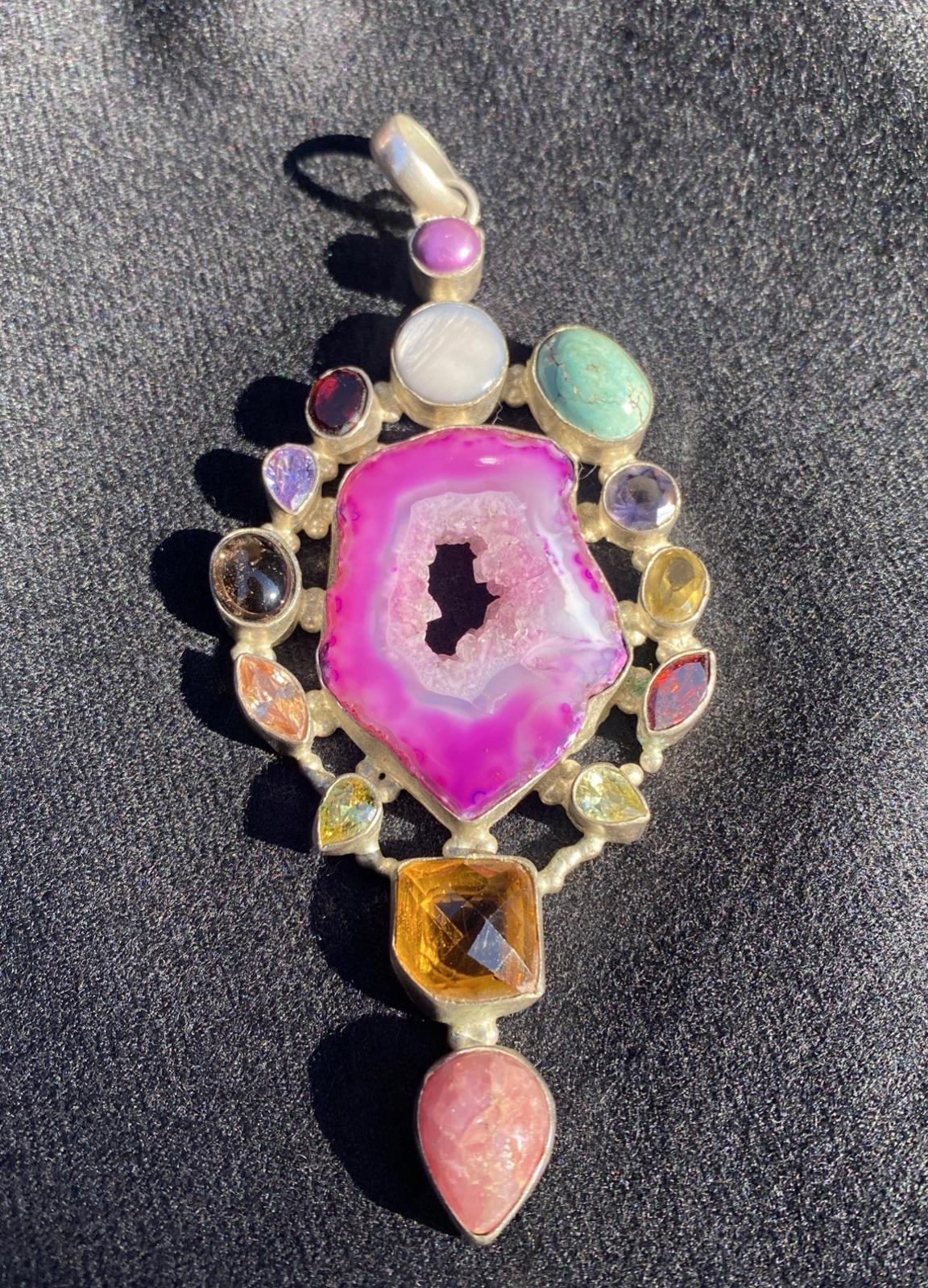 Stunning VTG Large Pink Druzy Crystal 10 Gemstone Pendant 925 Silver Stamped