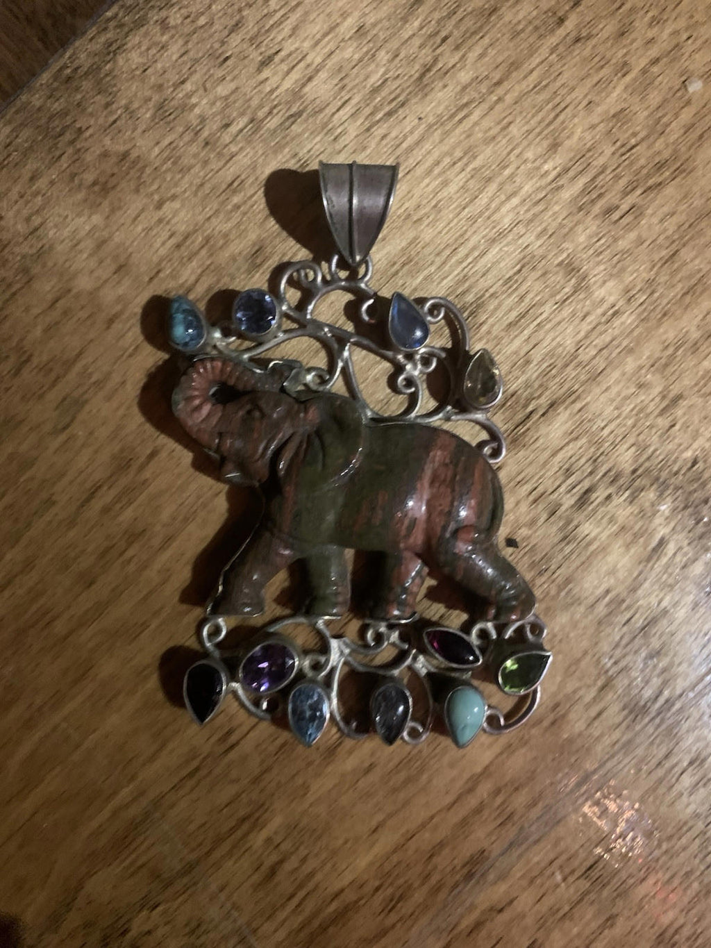 STUNNING Large Multi GENUINE Gemstones Elephant Pendant, Set In Silver