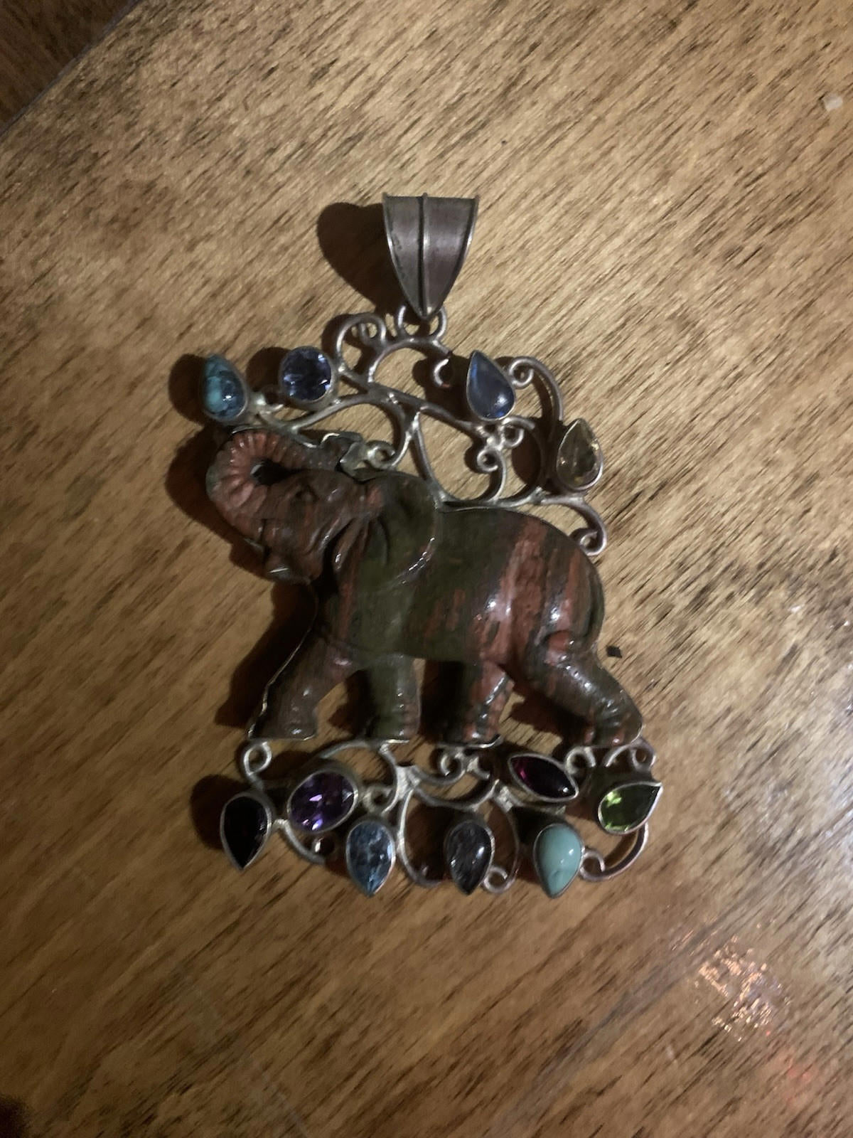 STUNNING Large Multi GENUINE Gemstones Elephant Pendant, Set In Silver
