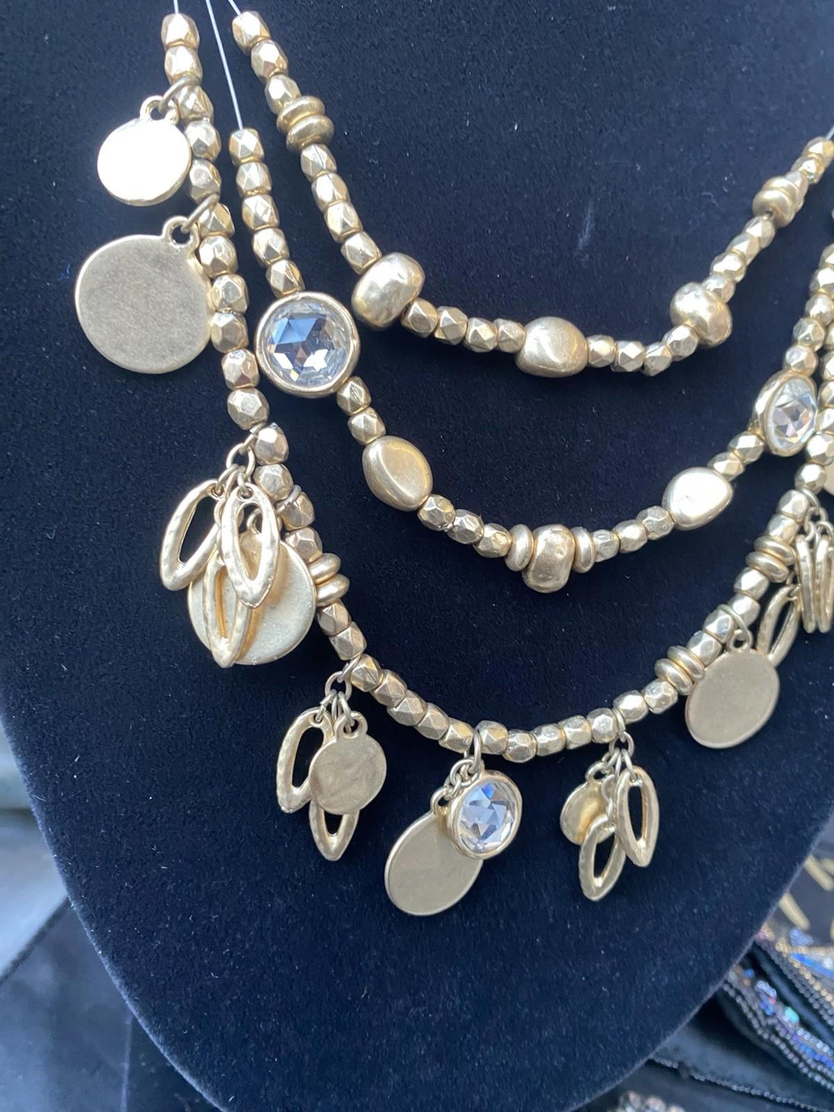 VTG Chico’s Triple Strand Gold Tone Rhinestone Coin Layered Illusion Necklace