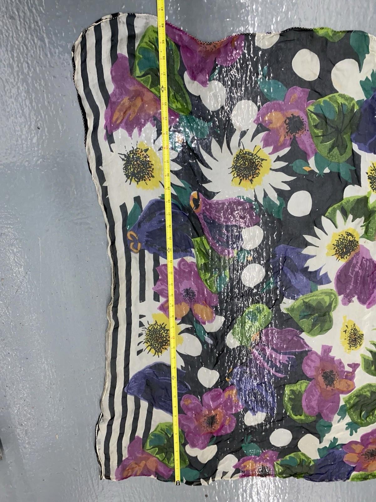 Hand rolled 1980’s Vintage Striped Floral Print Scarf Sheer 40x40