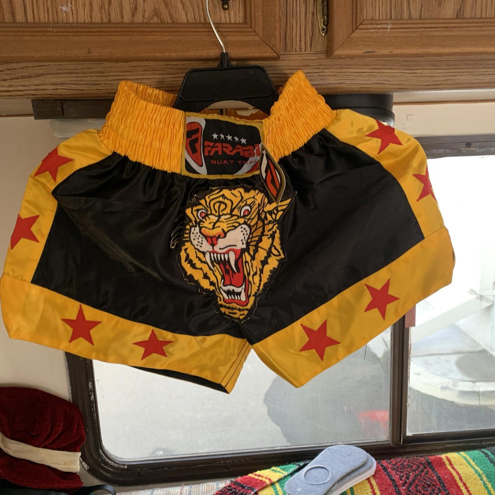 Farabi Muay Thai Kick Boxing Training Satin Black Gold Short Tiger Embroidery