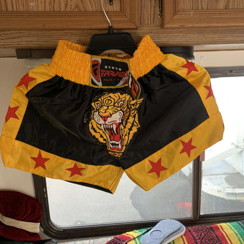 Farabi Muay Thai Kick Boxing Training Satin Black Gold Short Tiger Embroidery