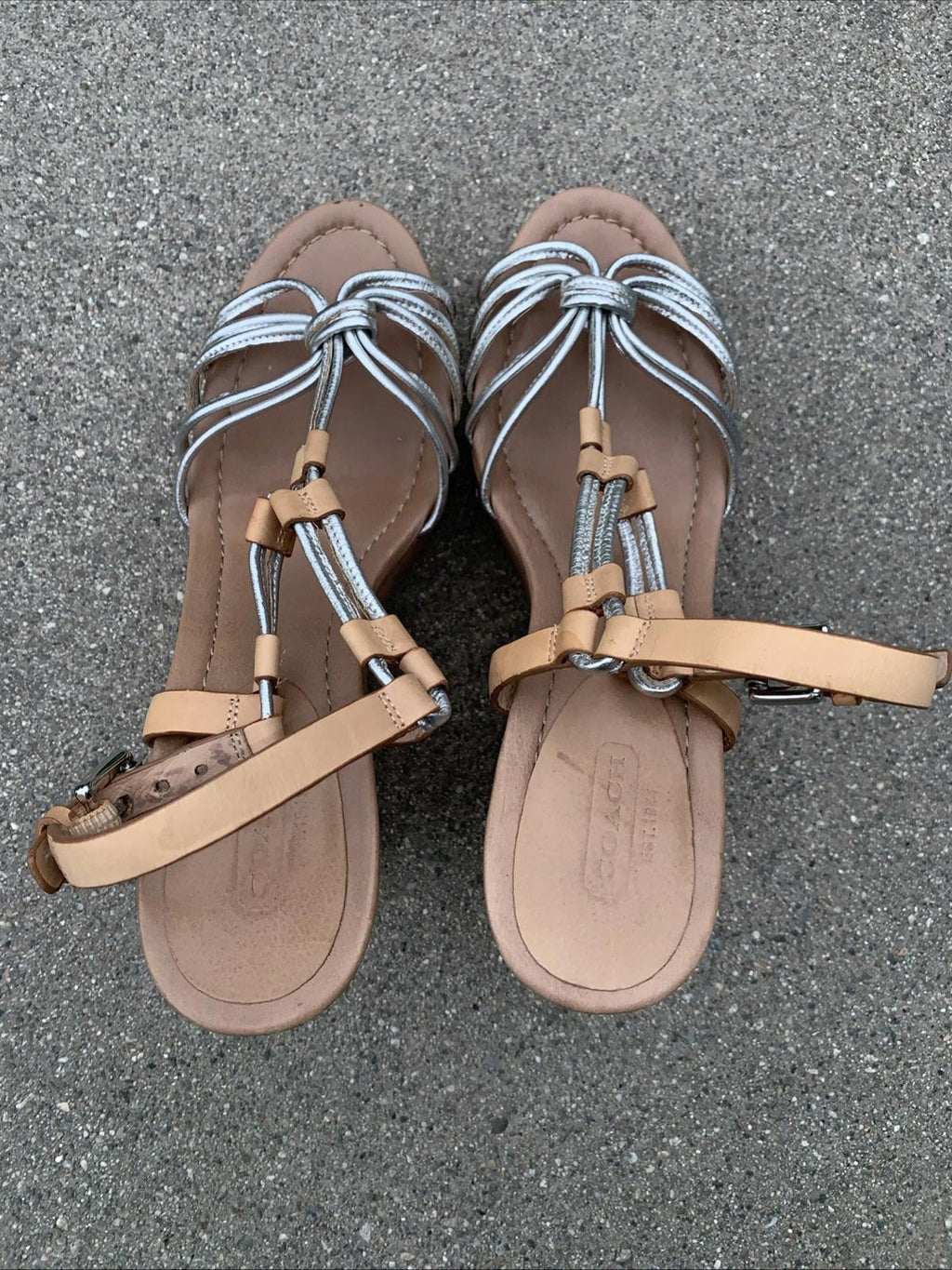 COACH Georgiana Leather Snake Silver Wedge Platform Strappy Sandals Size 7.5 W
