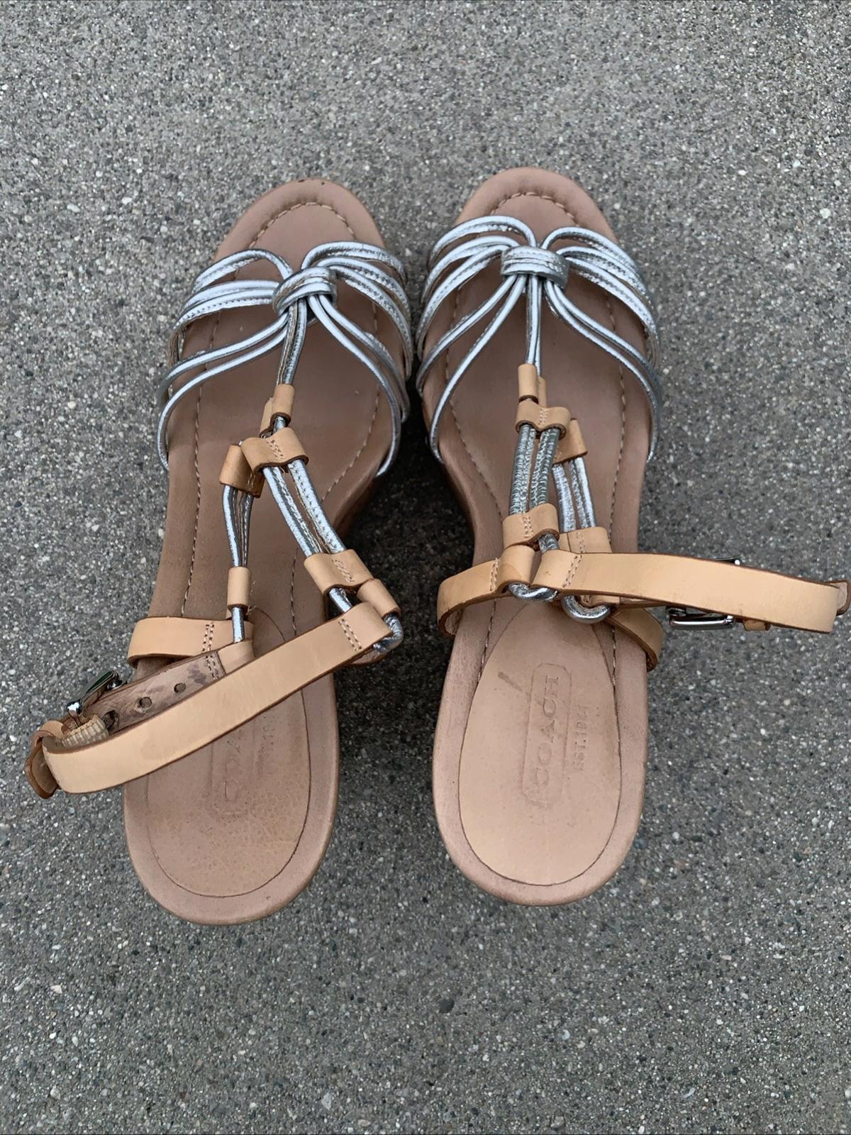 COACH Georgiana Leather Snake Silver Wedge Platform Strappy Sandals Size 7.5 W