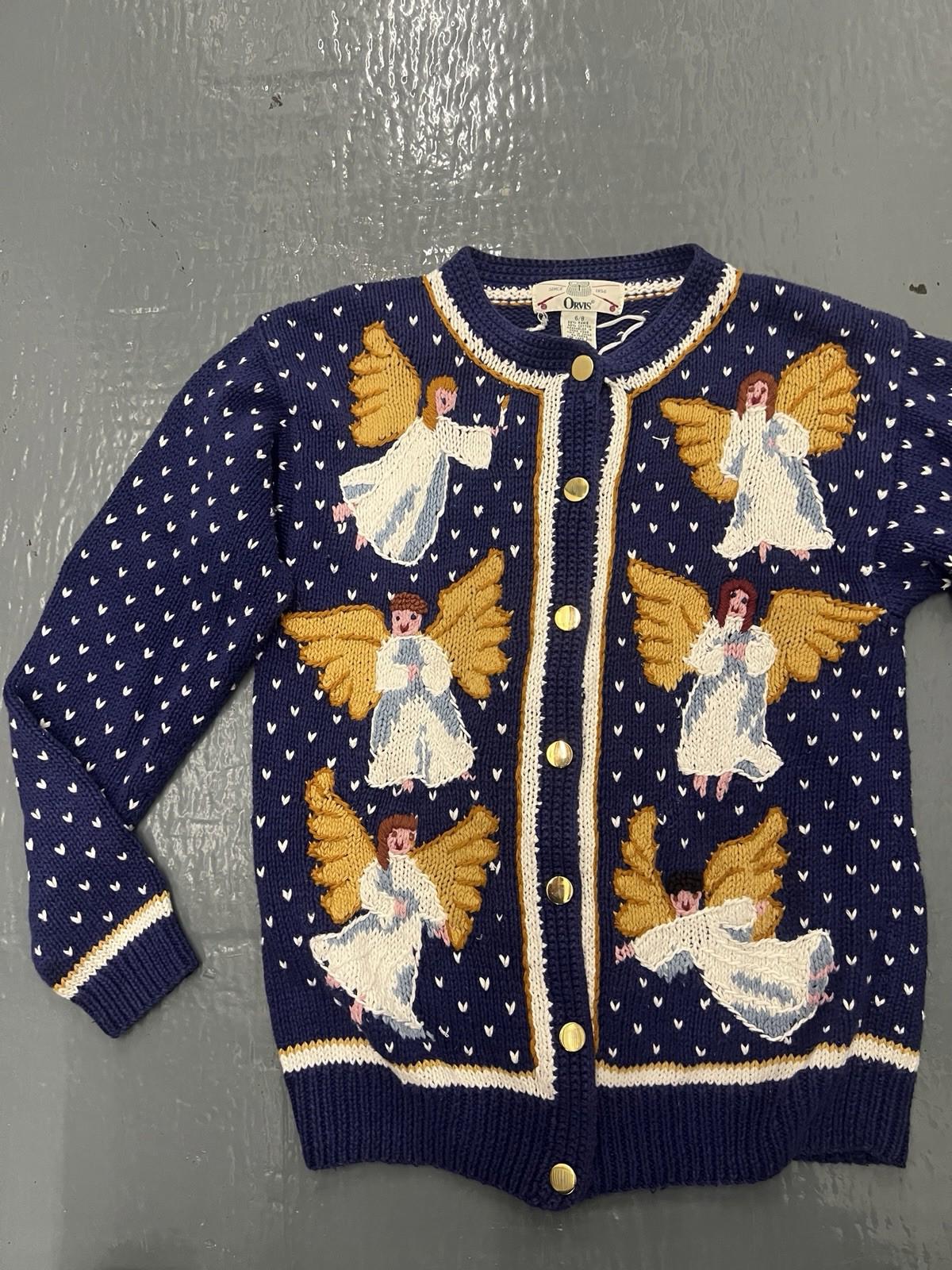 Vtg 90s Orvis Cardigan Sweater 10/12 M Knit Angels Wings Holiday Grandma Classic