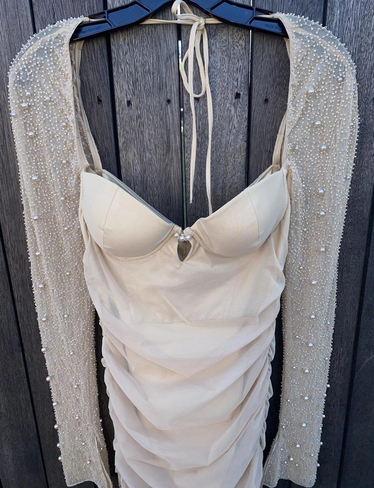 Oh Polly St. Germain Embellished Beaded Pearls long sleeve Mini Dress in Sand 6