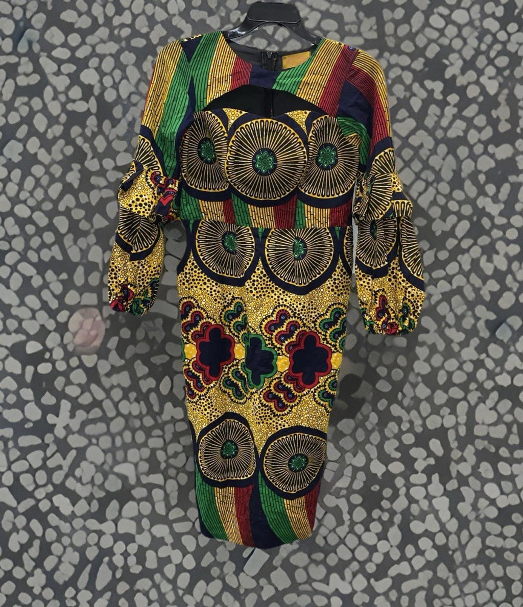 Fitted Vibrant Ankara Print Bodycon Midi Dress With O Neck & Puff Sleeves
