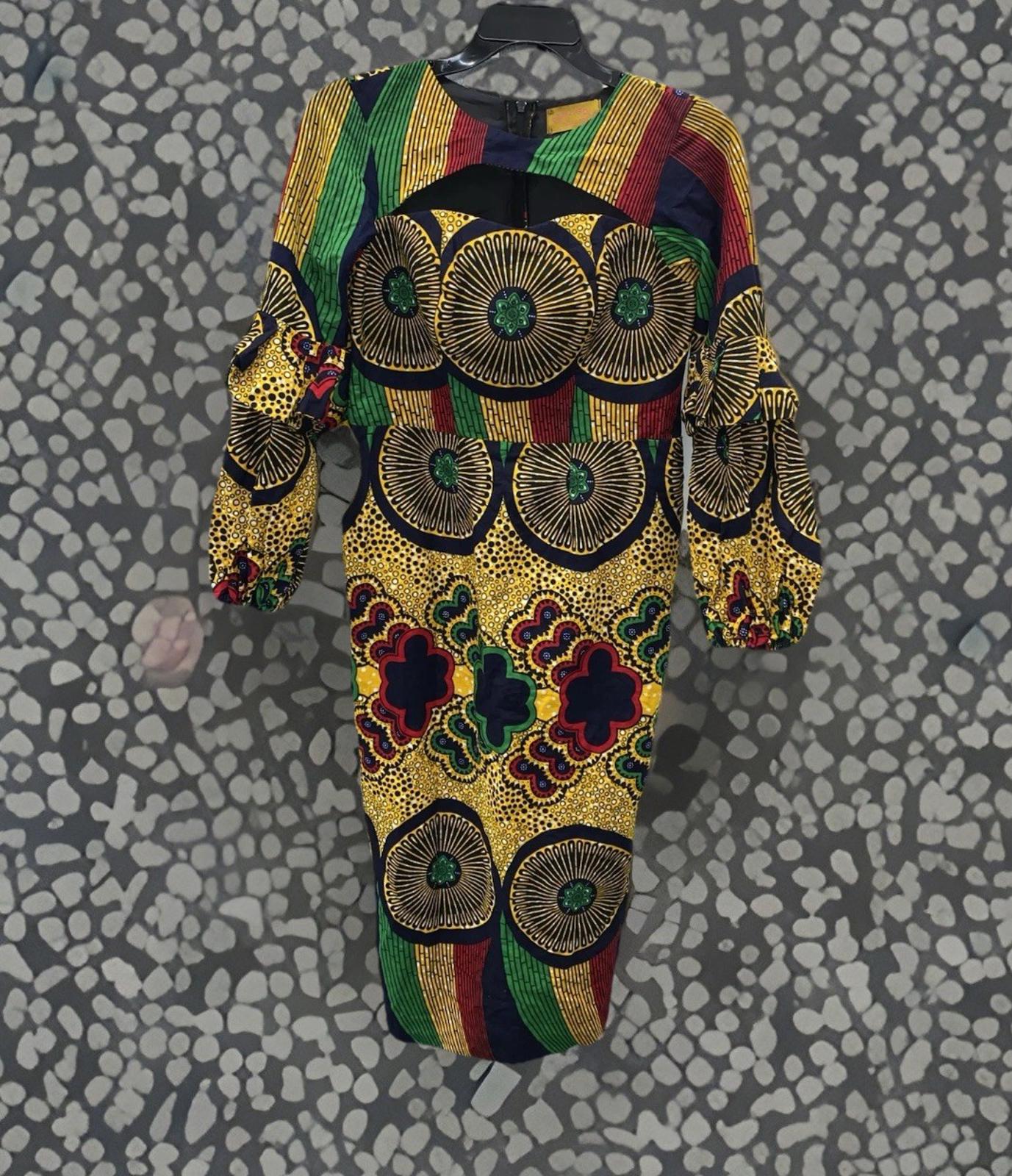 Fitted Vibrant Ankara Print Bodycon Midi Dress With O Neck & Puff Sleeves