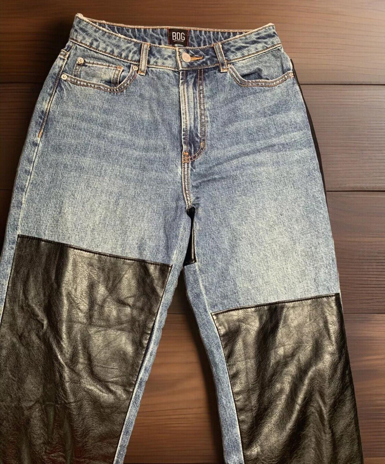 Rad! BDG High Rise Blue Denim & Black Leather Mom Jeans Size 25