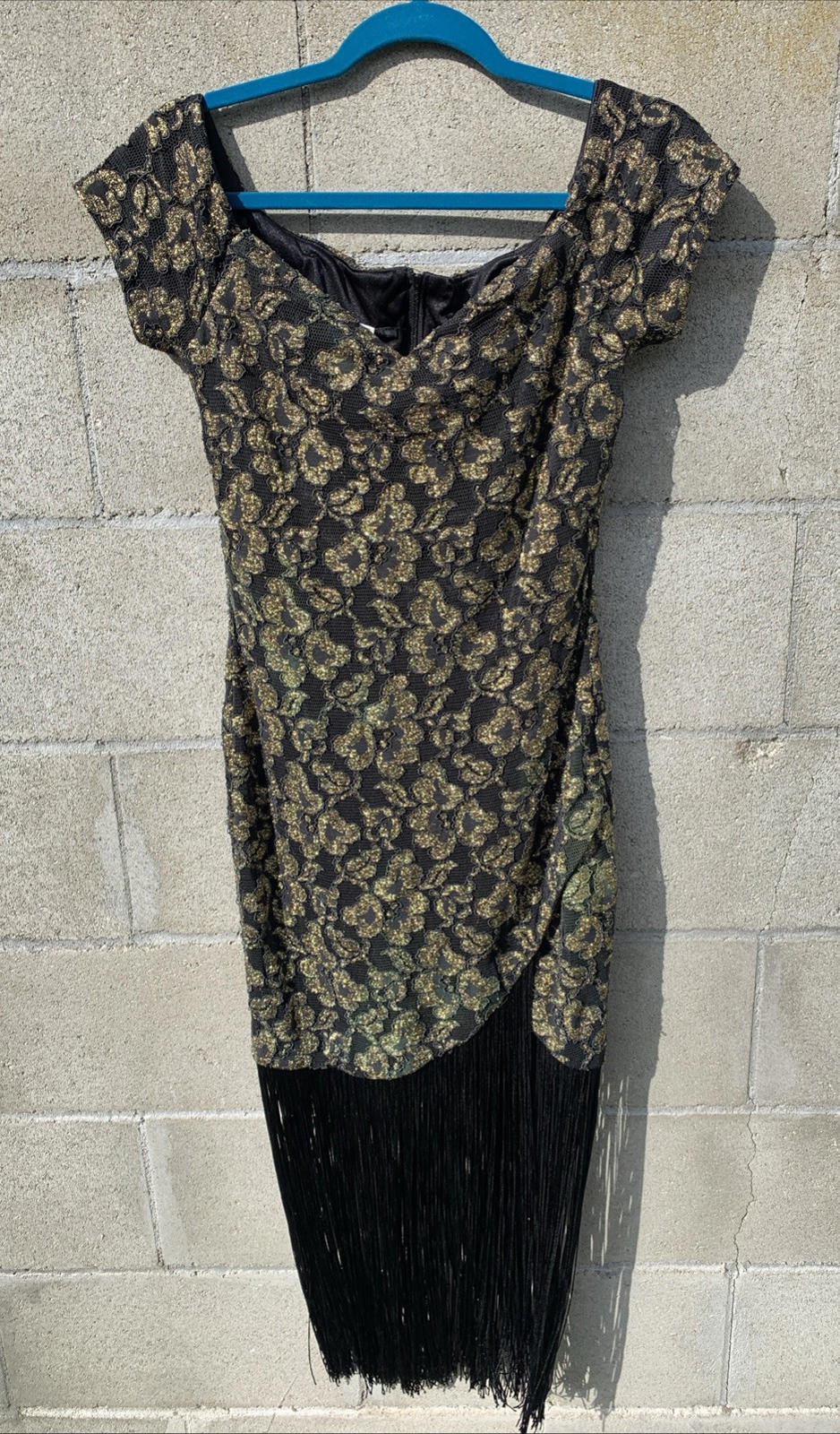 Vintage Tamara’s Midi Dress Off The Shoulder Gold & Black Lace W/ Fringe