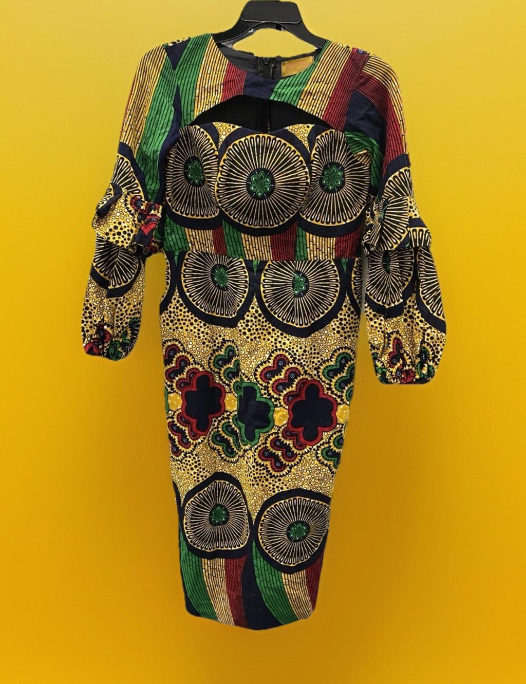 Fitted Vibrant Ankara Print Bodycon Midi Dress With O Neck & Puff Sleeves