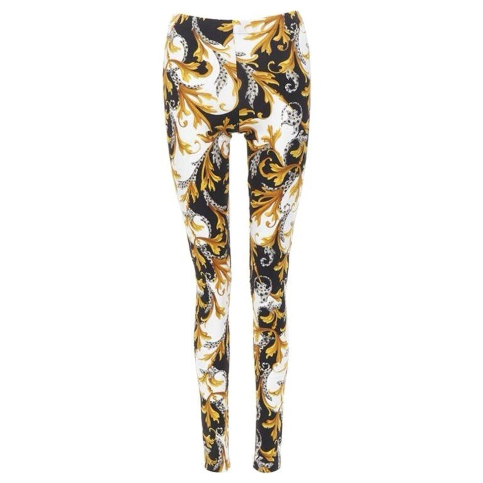 Versace Barocco Acanthus Black Gold Signature Floral Leggings Size 4 Womens