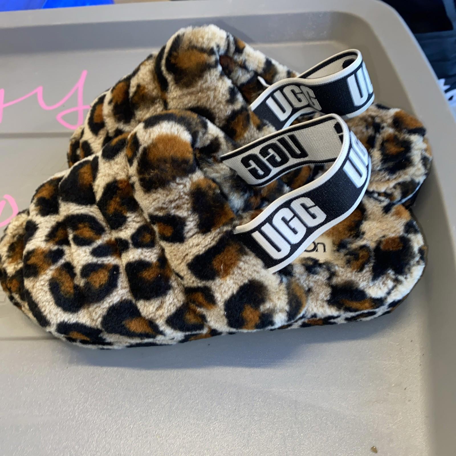 UGG FLUFF YEAH AMPHORA SLIDE LEOPARD SLINGBACK SANDALS SLIPPERS Size 7 USA Wom