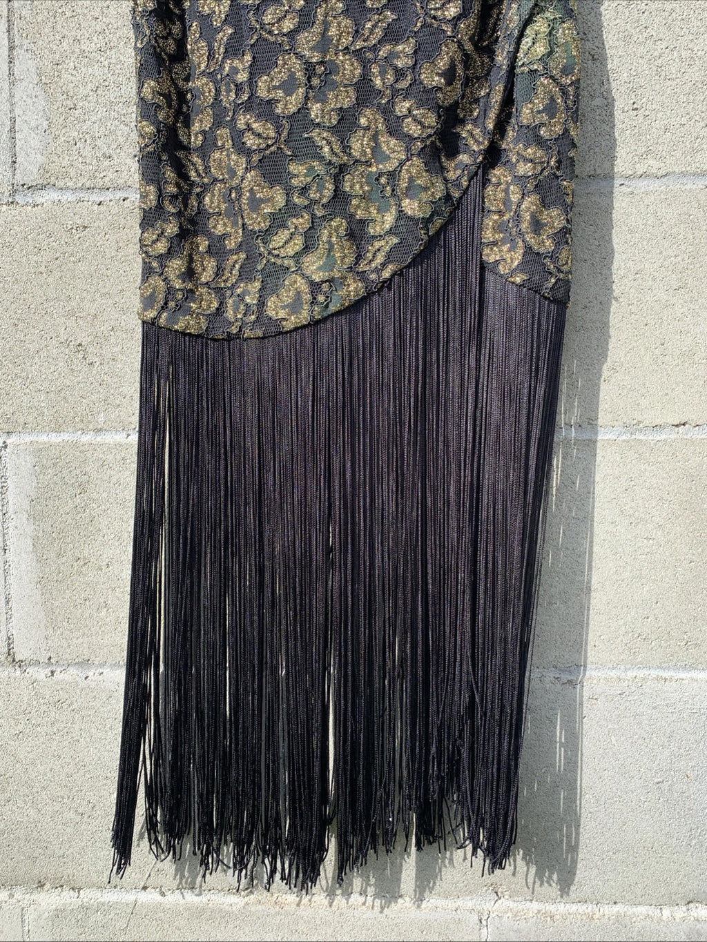 Vintage Tamara’s Midi Dress Off The Shoulder Gold & Black Lace W/ Fringe