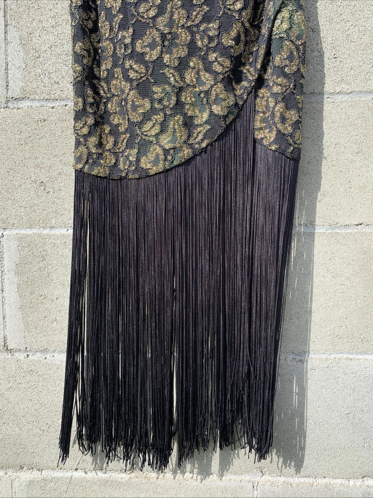 Vintage Tamara’s Midi Dress Off The Shoulder Gold & Black Lace W/ Fringe