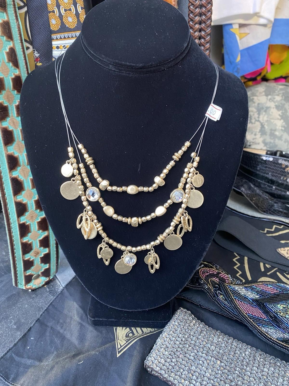 VTG Chico’s Triple Strand Gold Tone Rhinestone Coin Layered Illusion Necklace