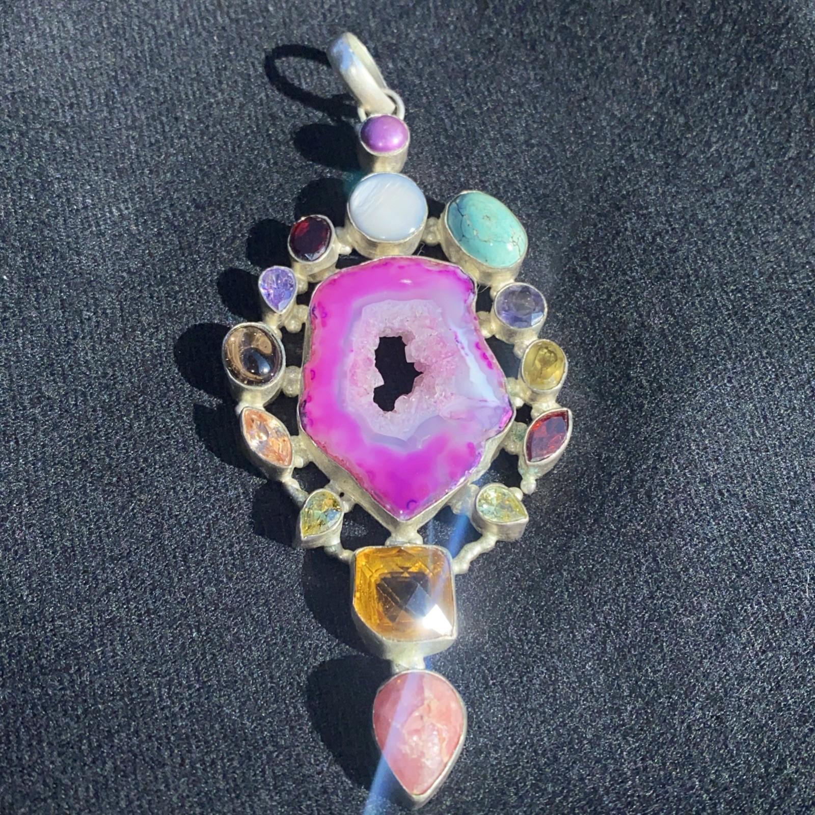 Stunning VTG Large Pink Druzy Crystal 10 Gemstone Pendant 925 Silver Stamped