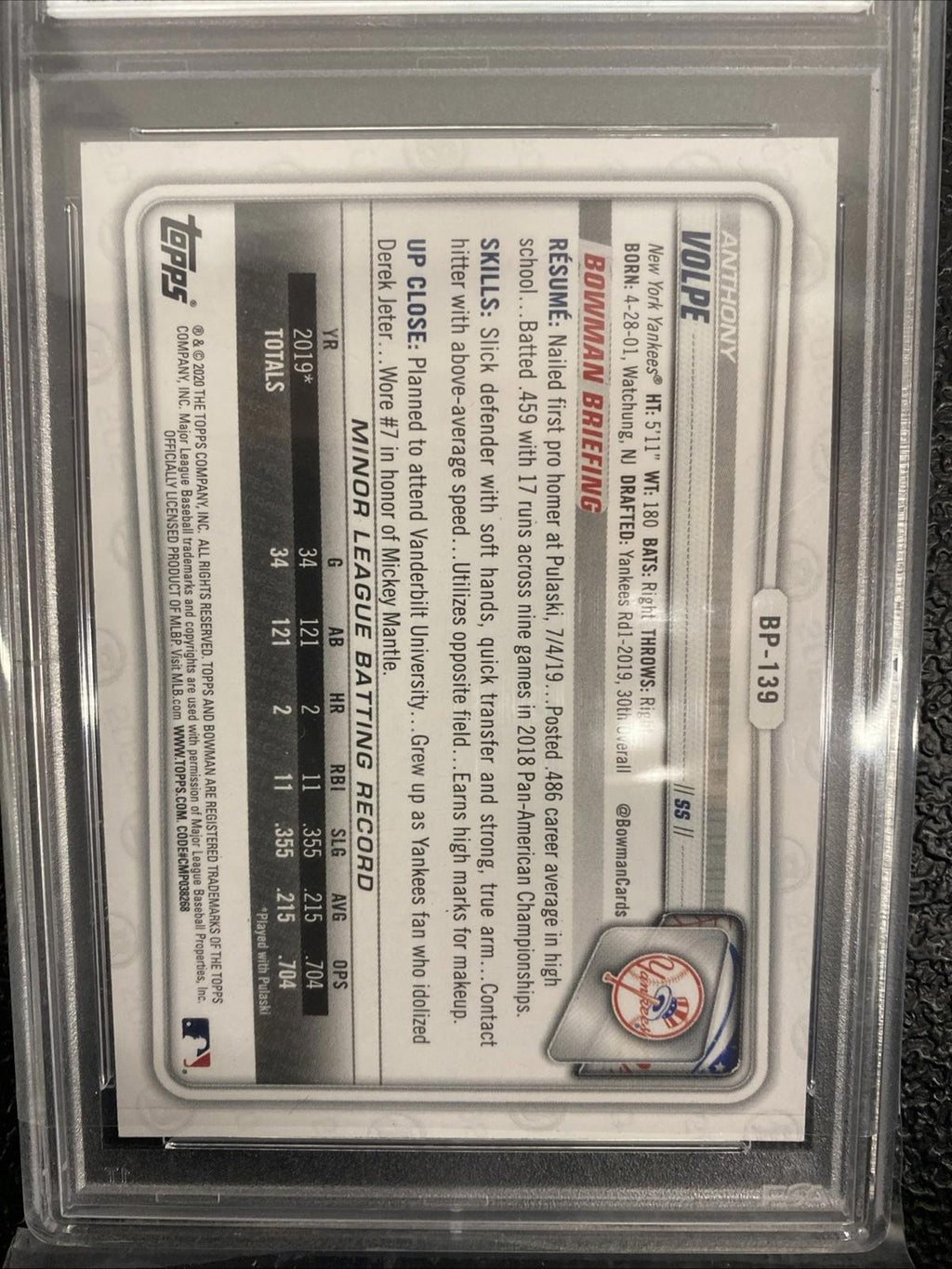 2020 BOWMAN YANKEES #BP-139 ANTHONY VOLPE SIGNED RC ROOKIE PSA/DNA AUTO MLB