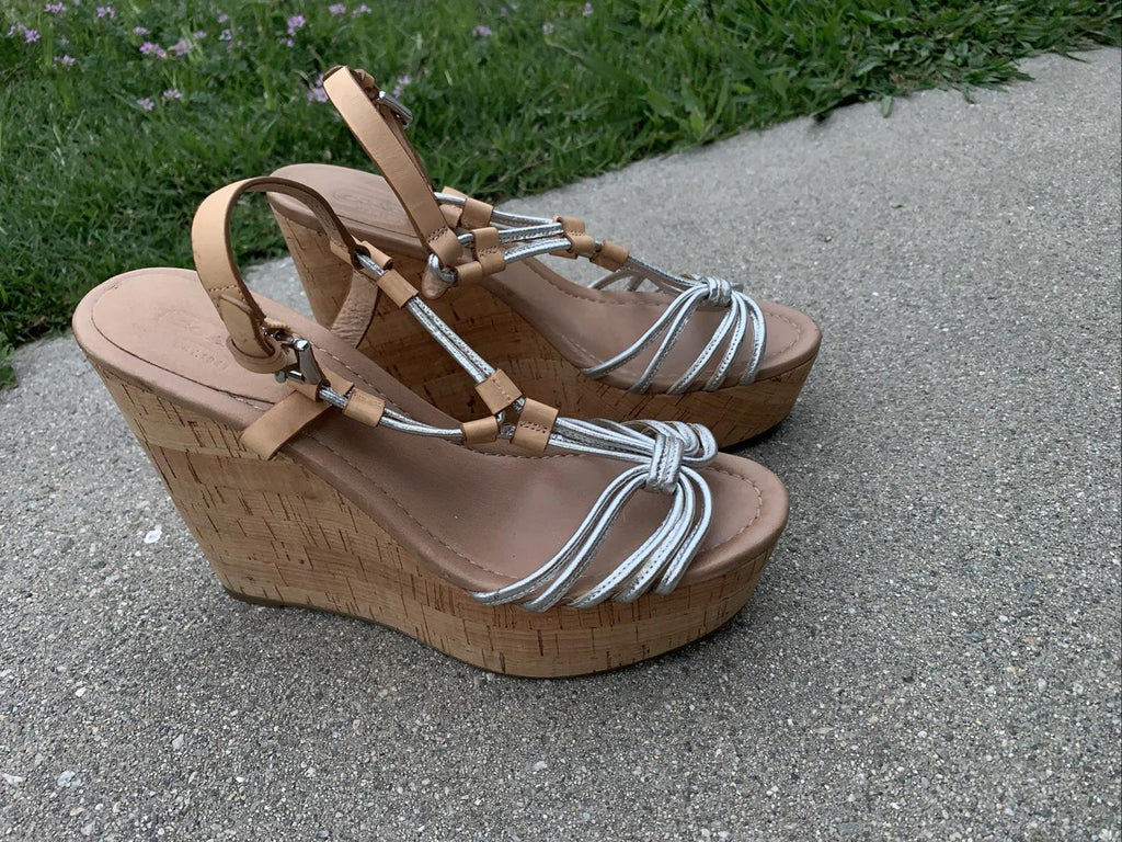 COACH Georgiana Leather Snake Silver Wedge Platform Strappy Sandals Size 7.5 W