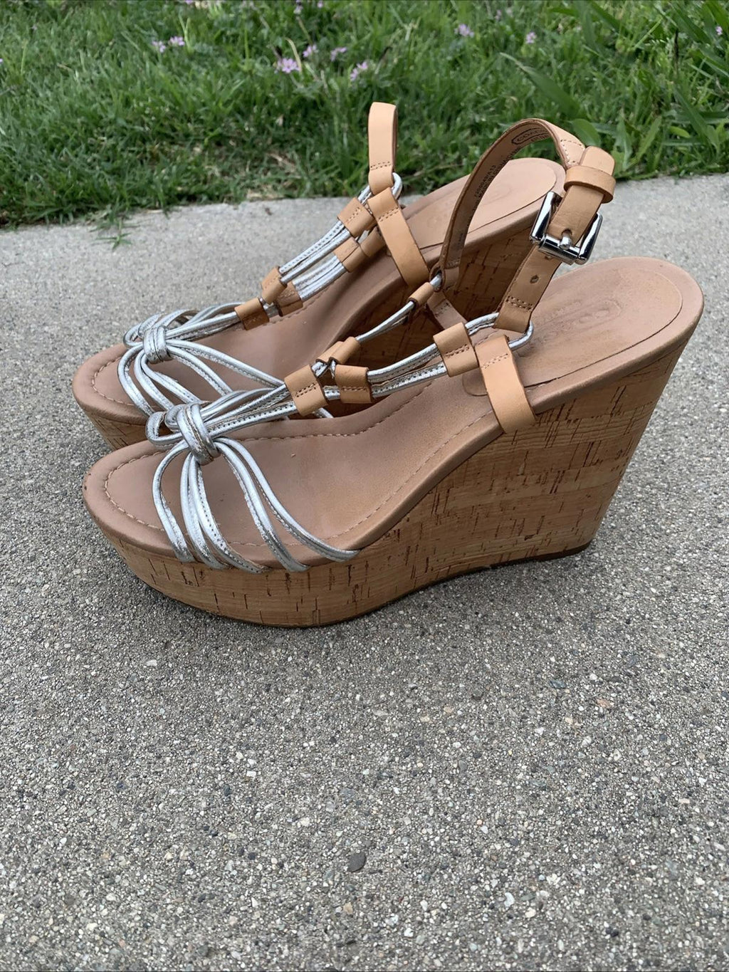 COACH Georgiana Leather Snake Silver Wedge Platform Strappy Sandals Size 7.5 W