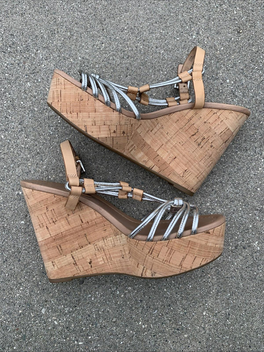 COACH Georgiana Leather Snake Silver Wedge Platform Strappy Sandals Size 7.5 W