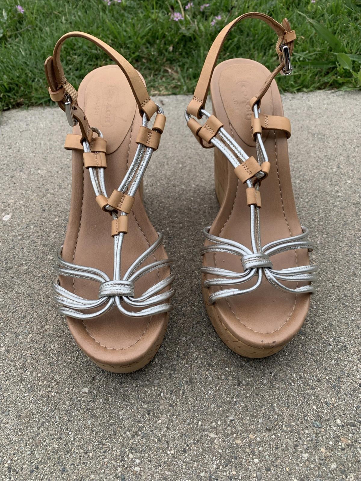 COACH Georgiana Leather Snake Silver Wedge Platform Strappy Sandals Size 7.5 W