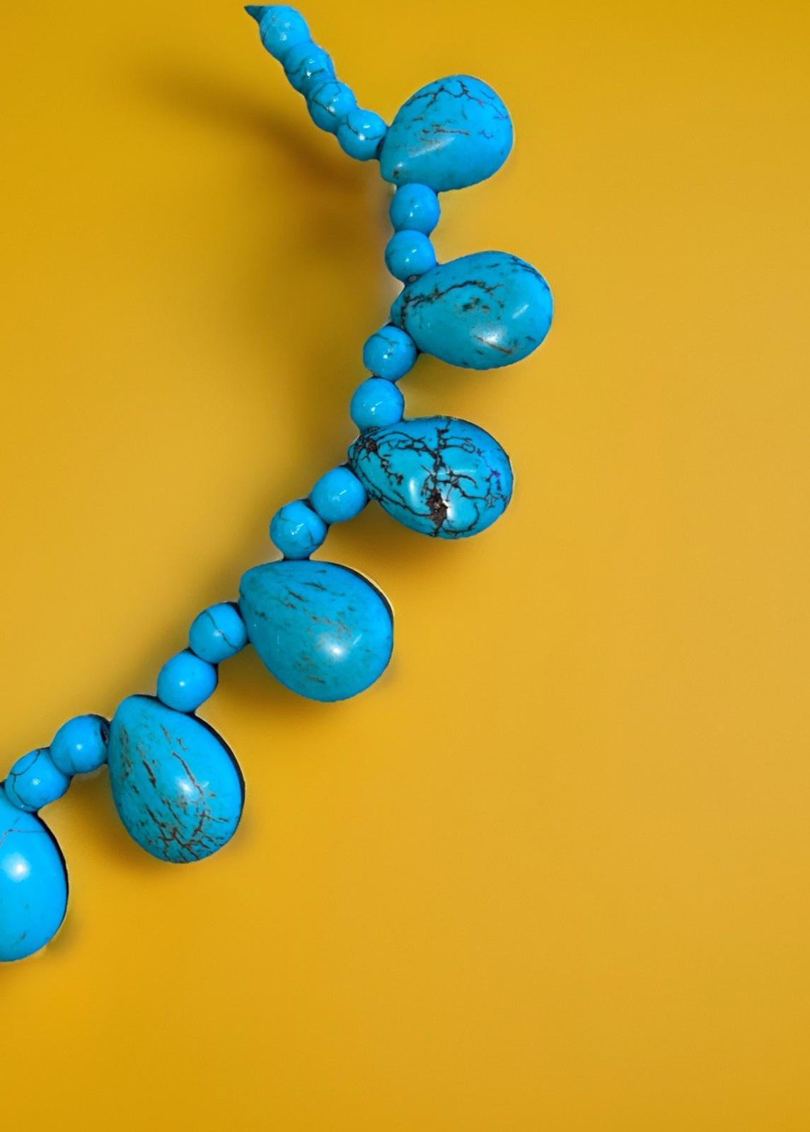 Hand Beaded (Faux?) Turquoise Teardrop Necklace Silver Tone 21 inches long