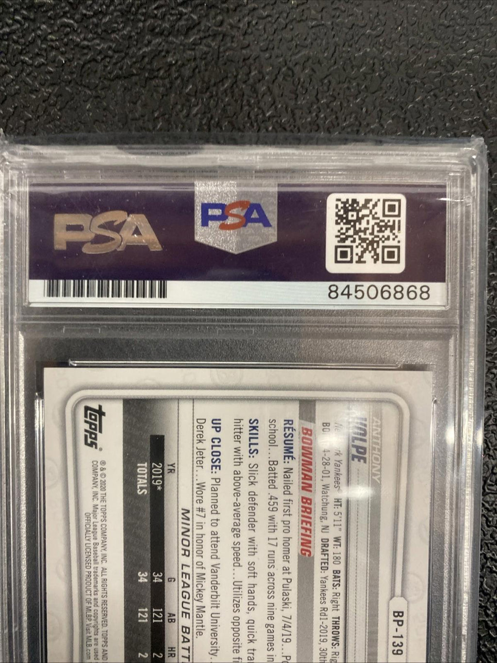 2020 BOWMAN YANKEES #BP-139 ANTHONY VOLPE SIGNED RC ROOKIE PSA/DNA AUTO MLB