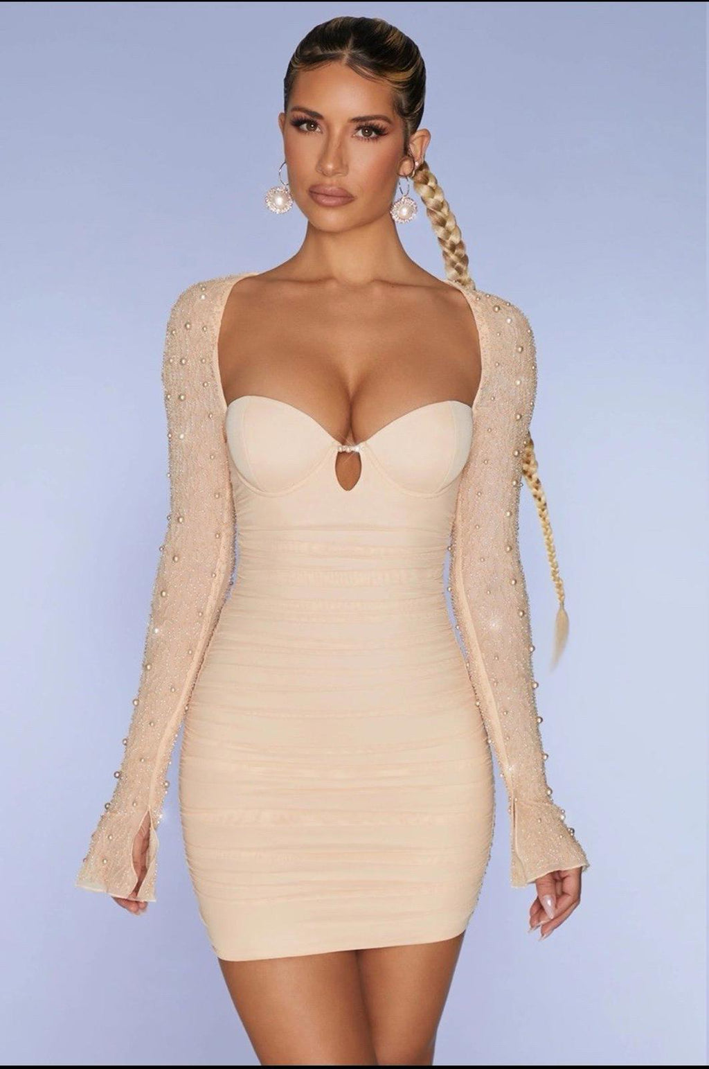 Oh Polly St. Germain Embellished Beaded Pearls long sleeve Mini Dress in Sand 6