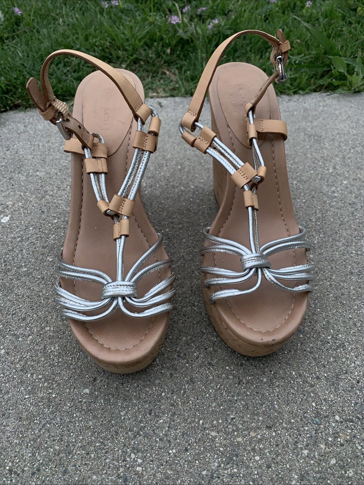 COACH Georgiana Leather Snake Silver Wedge Platform Strappy Sandals Size 7.5 W