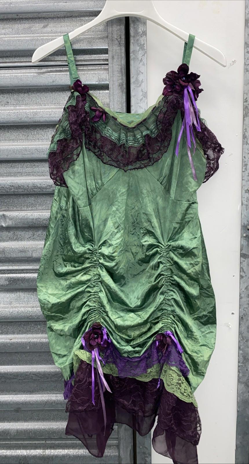 Handmade VTG Tinkerbell Flapper Style Dress W/ Beaded Purple Flower Appliqués XL