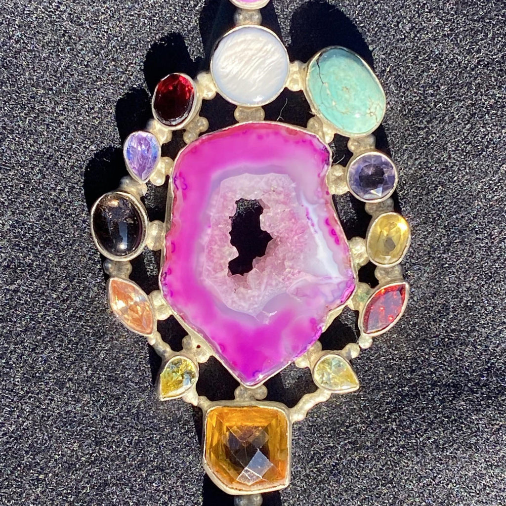 Stunning VTG Large Pink Druzy Crystal 10 Gemstone Pendant 925 Silver Stamped