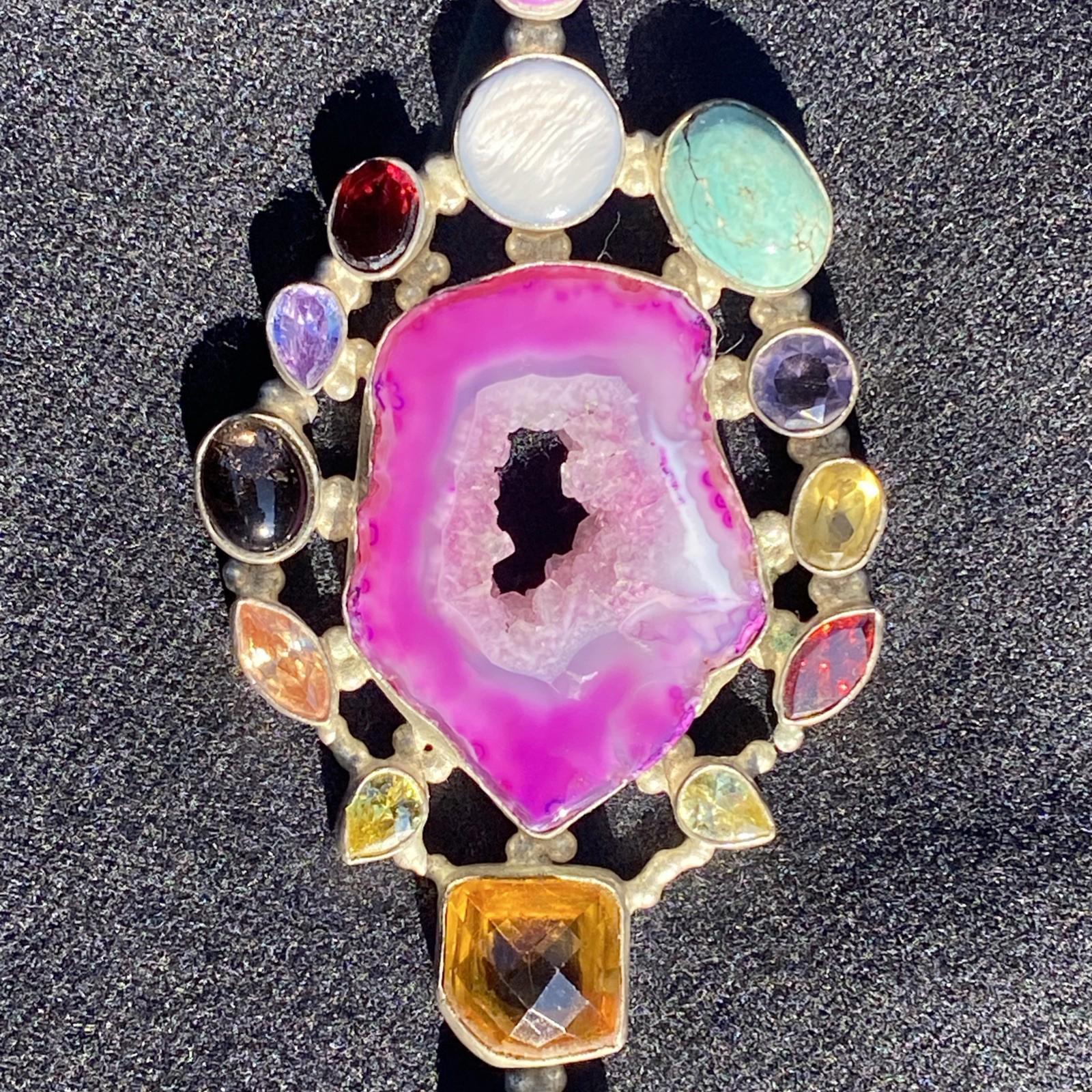 Stunning VTG Large Pink Druzy Crystal 10 Gemstone Pendant 925 Silver Stamped