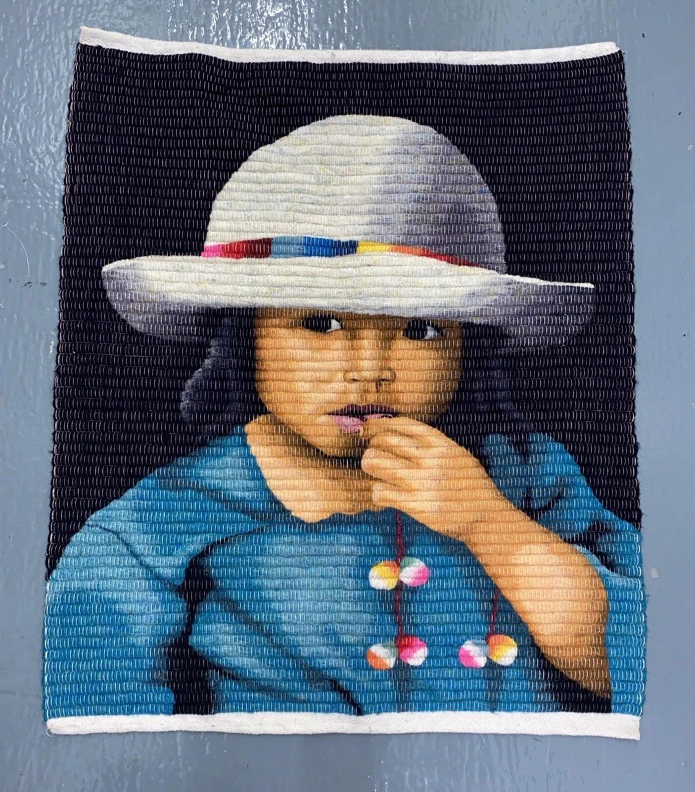 Large Hand Woven South American Folk Art Tapestry Indigenous Child 29.5” X 24”