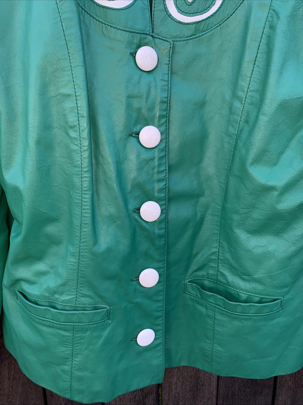 VTG 1980’s COMINT Avante Garde Green & White Appliqué Leather Jacket Womens M