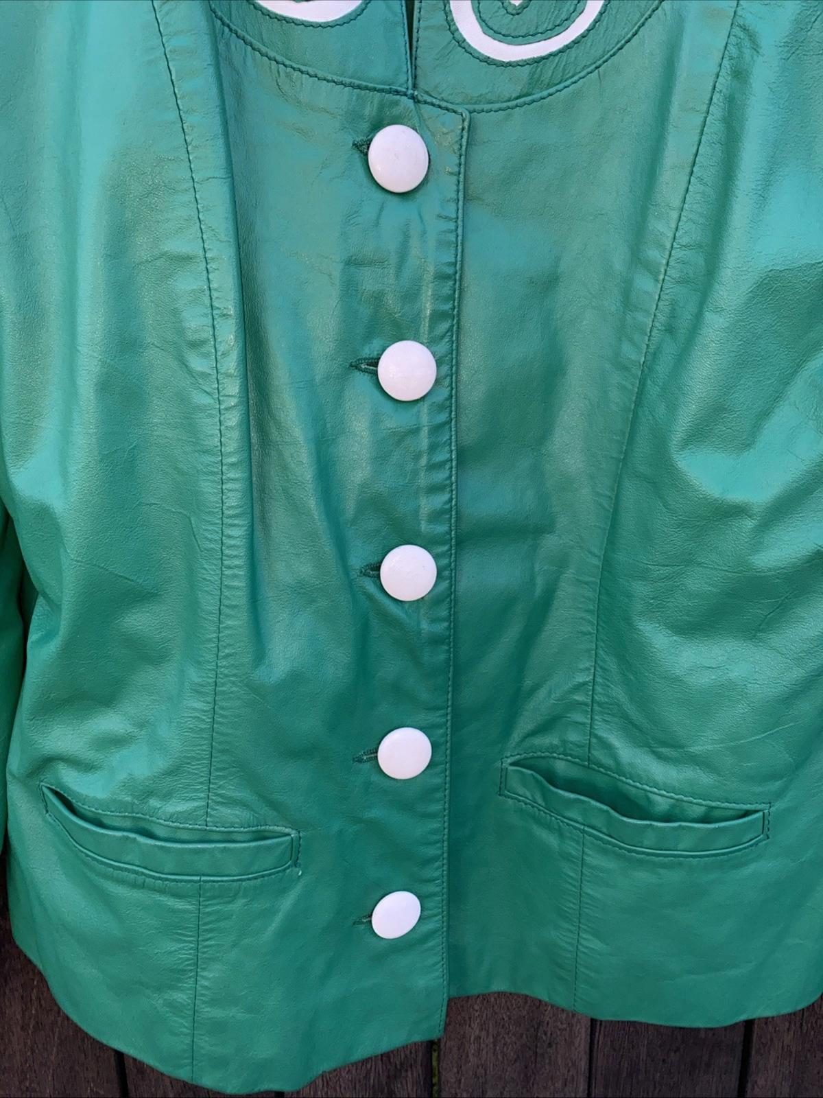 VTG 1980’s COMINT Avante Garde Green & White Appliqué Leather Jacket Womens M