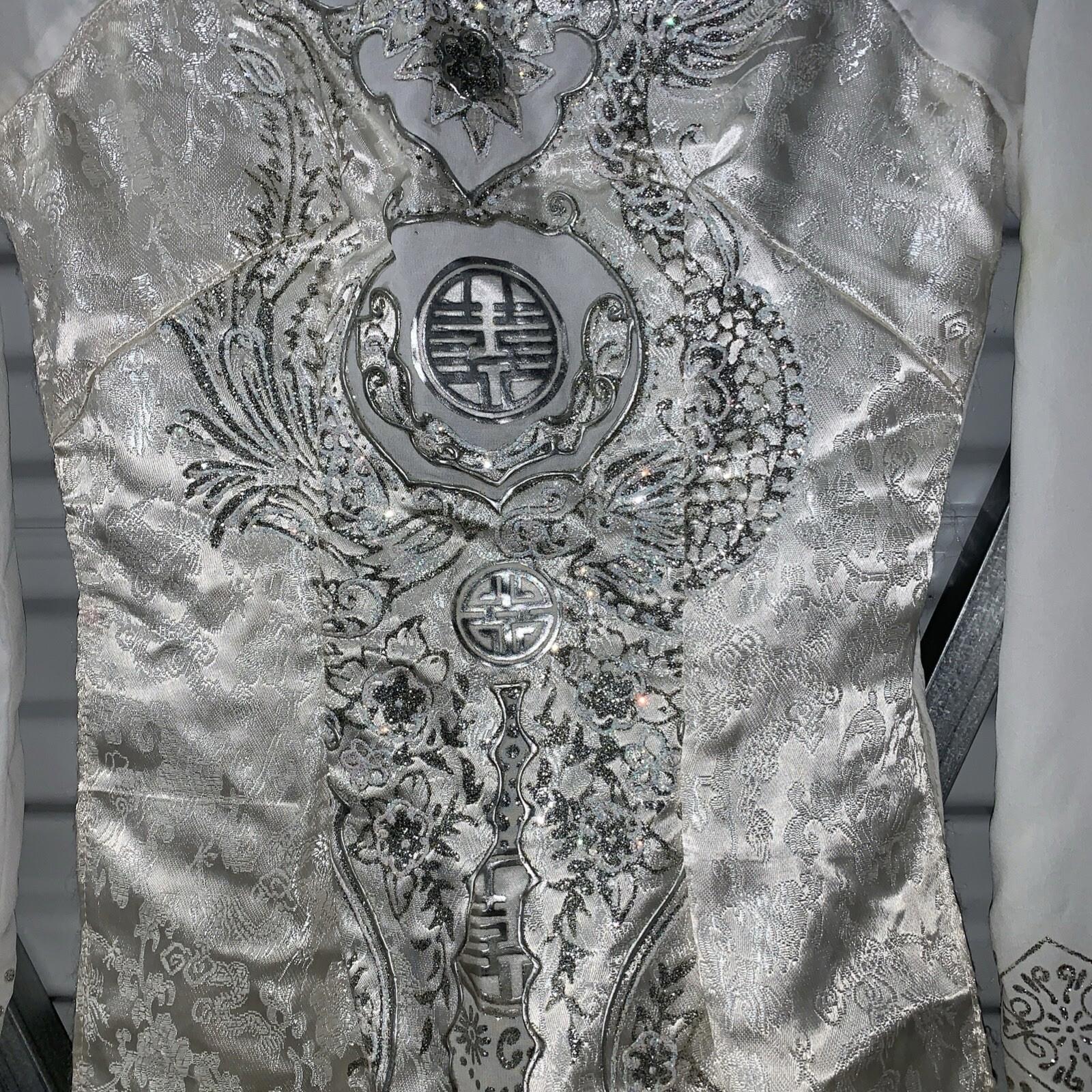 Vintage NHA MAY Thanh Trang Ivory & Silver Glitter Vietnamese Ao Dai dress