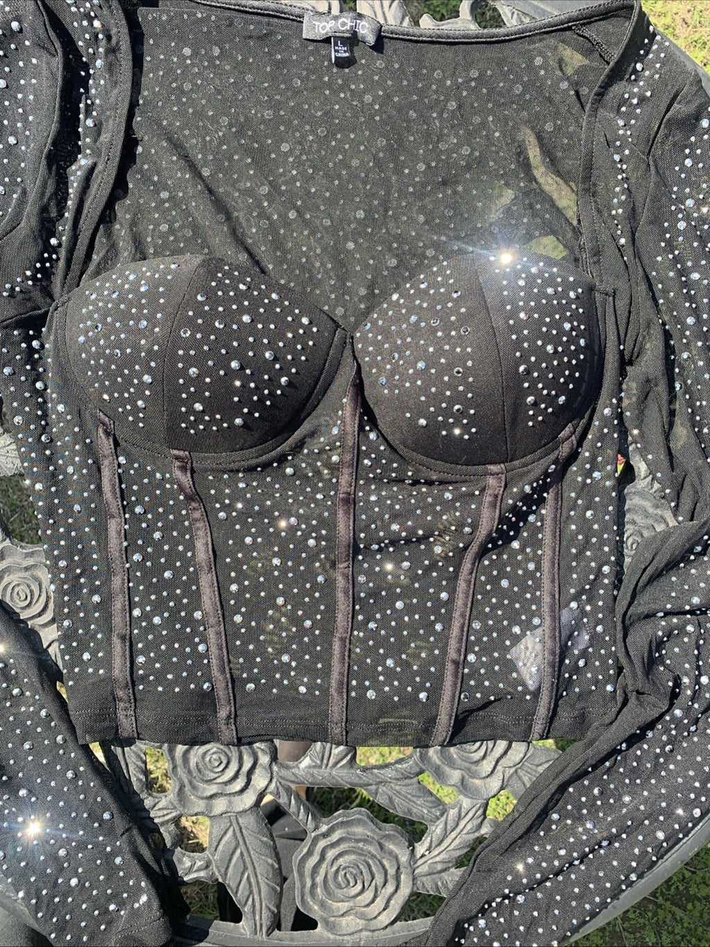 Ultra Sparkle Rhinestone Long Sleeve Sheer Corset Top Size Large