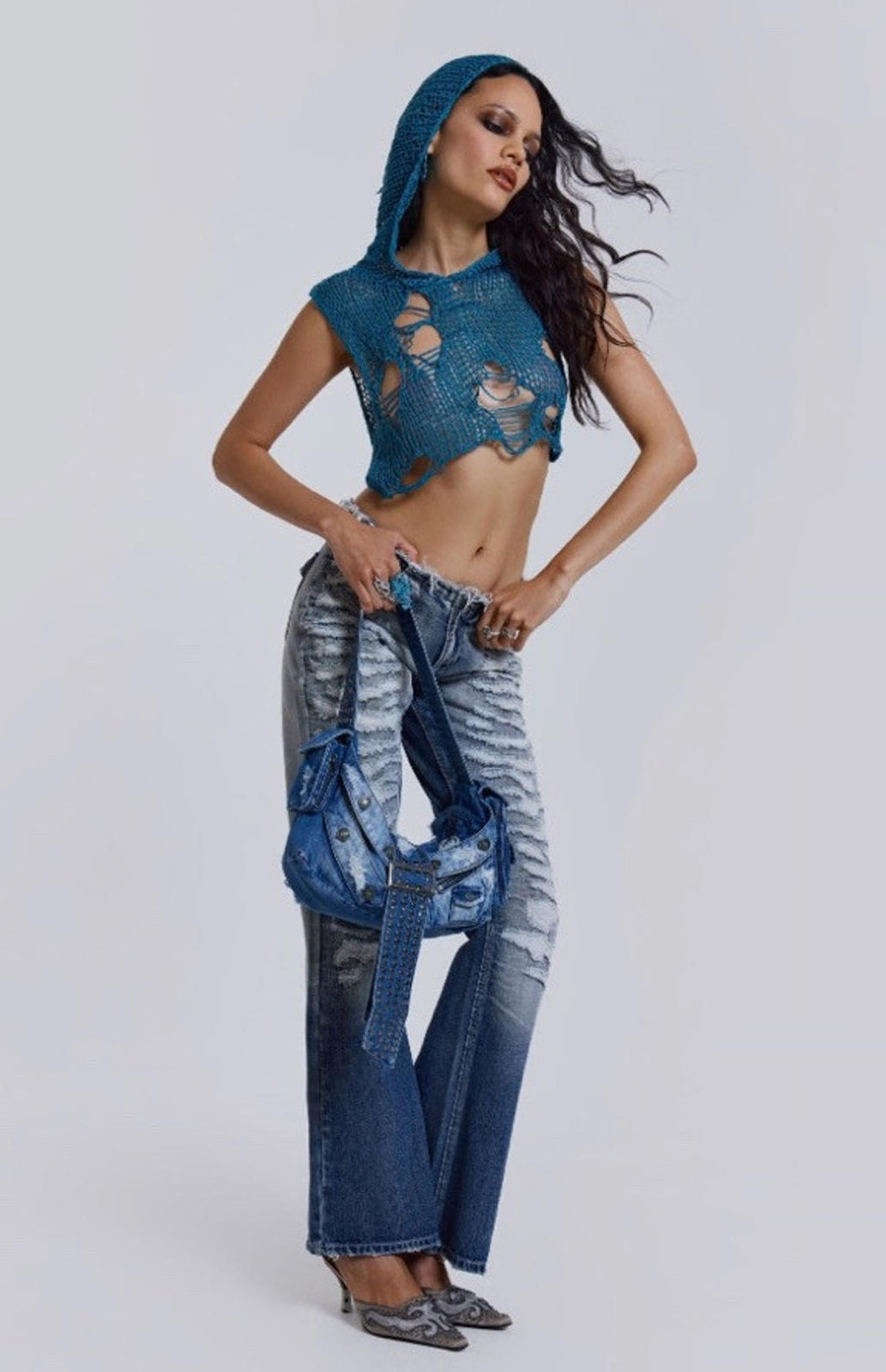 Jaded London Low Rise Distressed Jeans Frayed Wide leg Women's 26 Blue