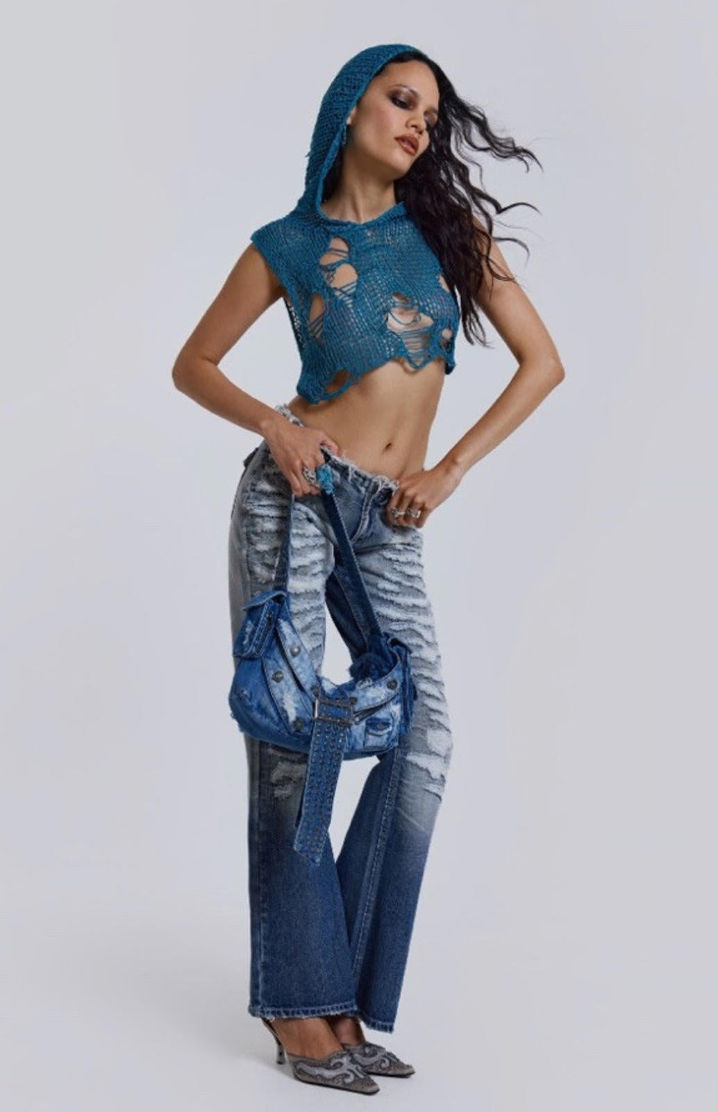 Jaded London Low Rise Distressed Jeans Frayed Wide leg Women's 26 Blue