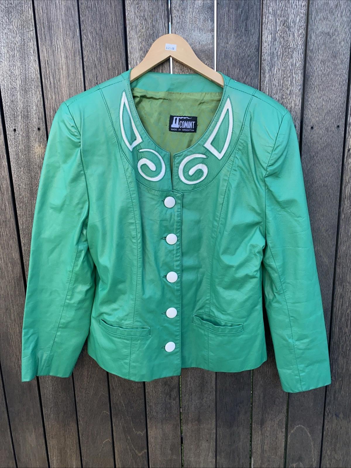 VTG 1980’s COMINT Avante Garde Green & White Appliqué Leather Jacket Womens M