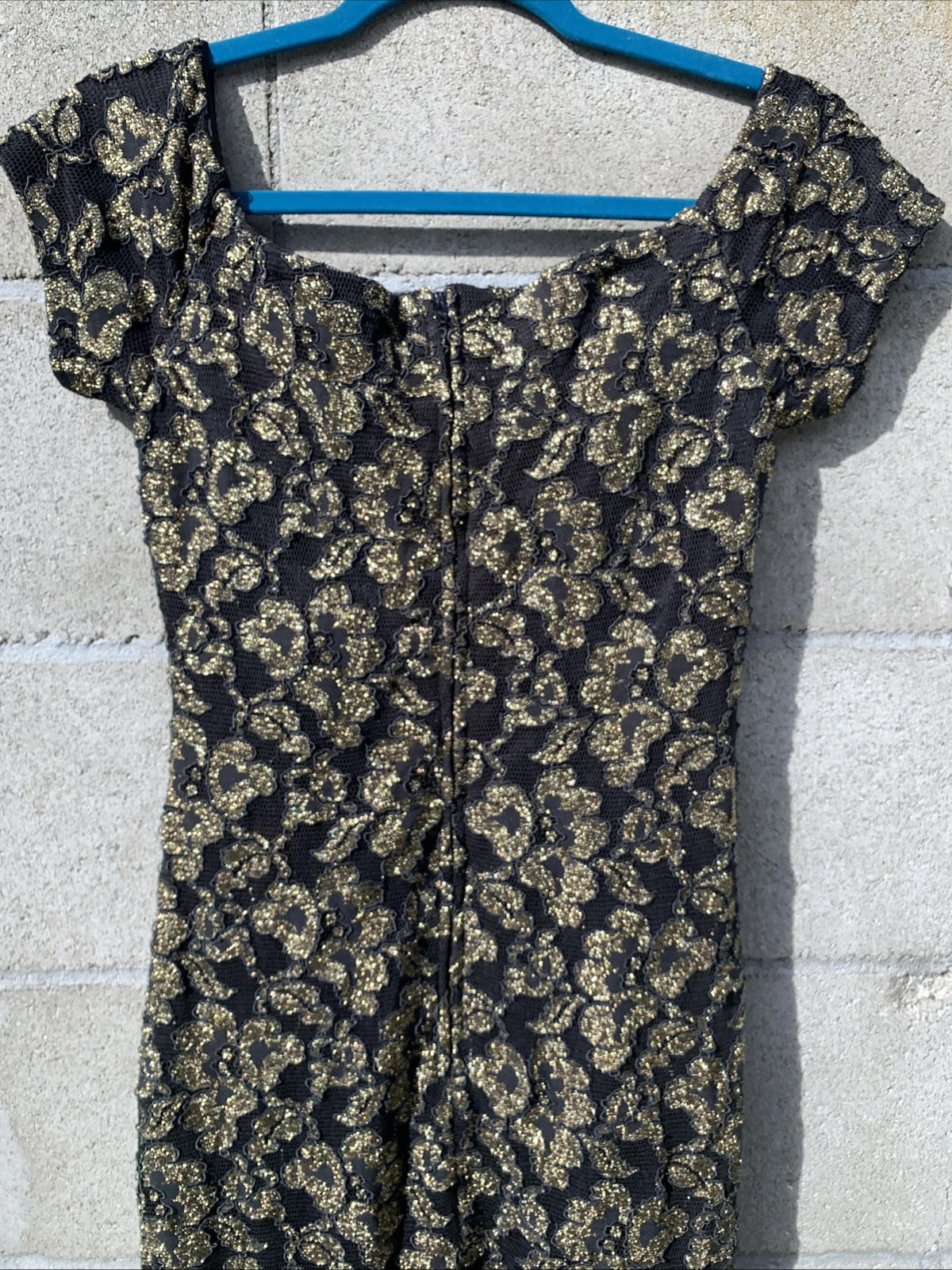 Vintage Tamara’s Midi Dress Off The Shoulder Gold & Black Lace W/ Fringe