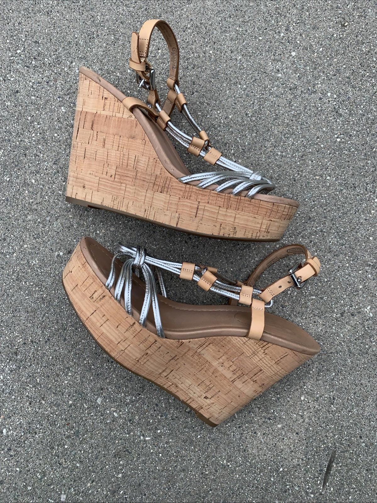 COACH Georgiana Leather Snake Silver Wedge Platform Strappy Sandals Size 7.5 W