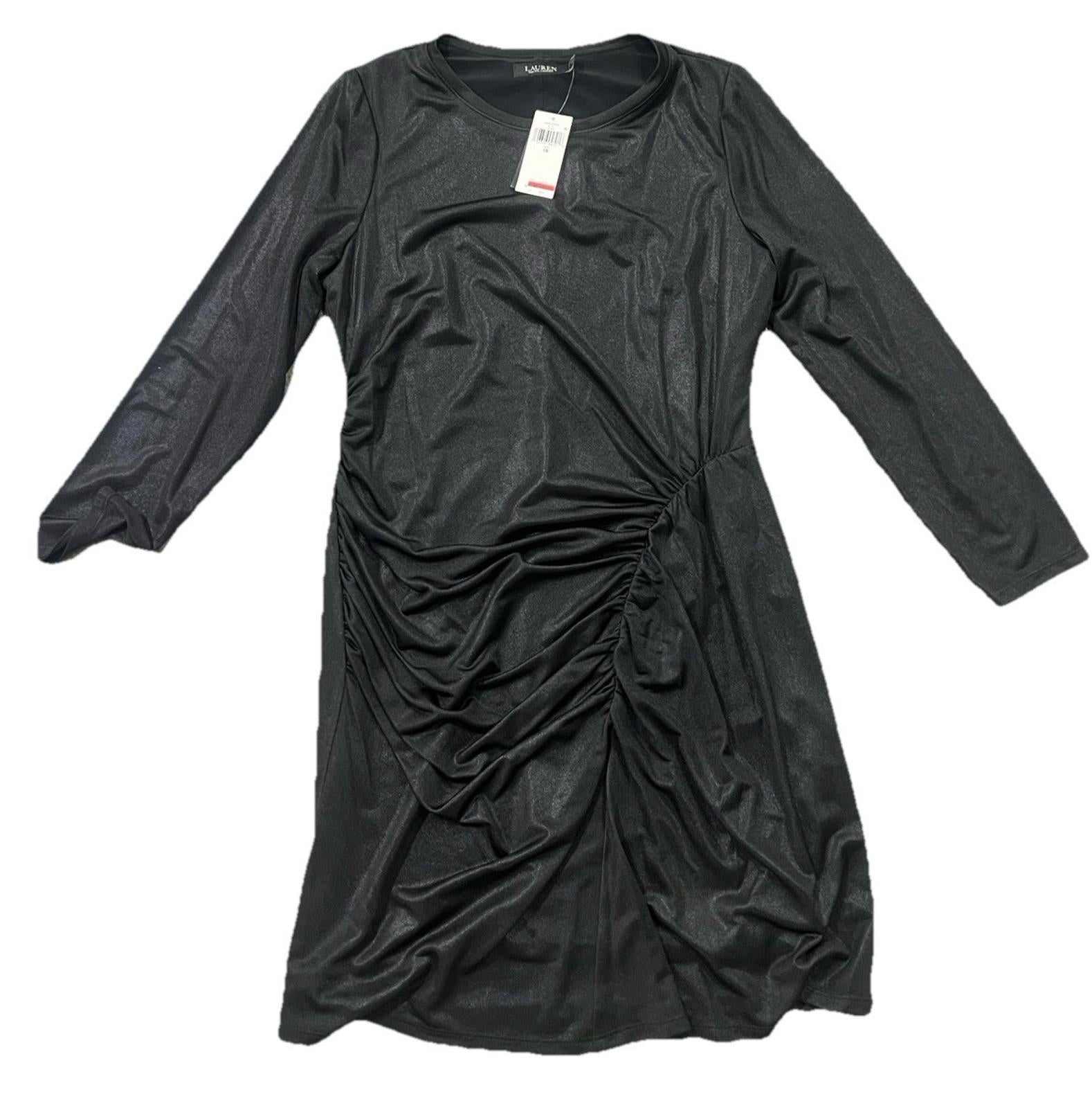 $145 Ralph Lauren Women's Black Side Ruched Solid Foil Jersey Sheath Dress Sz 16