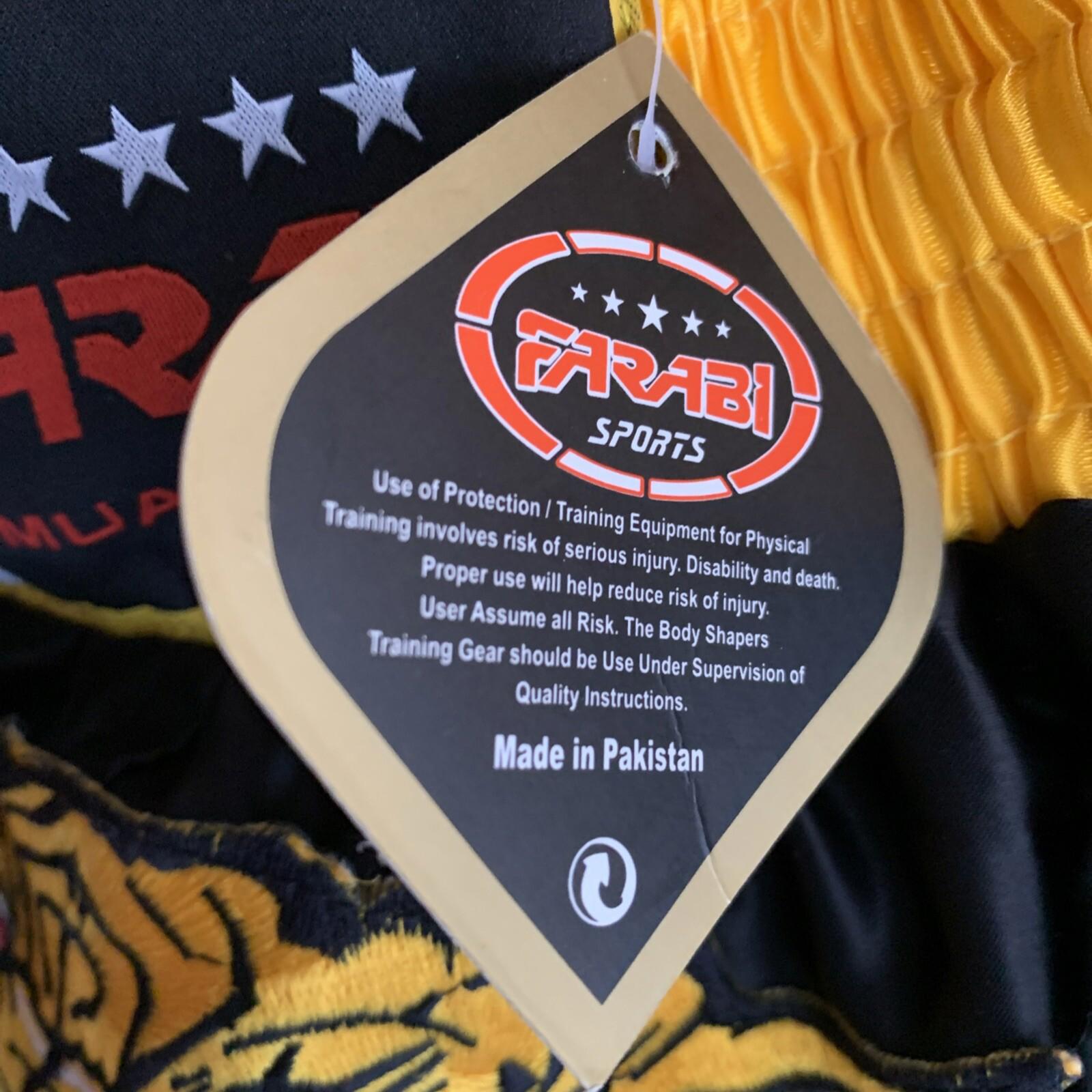 Farabi Muay Thai Kick Boxing Training Satin Black Gold Short Tiger Embroidery